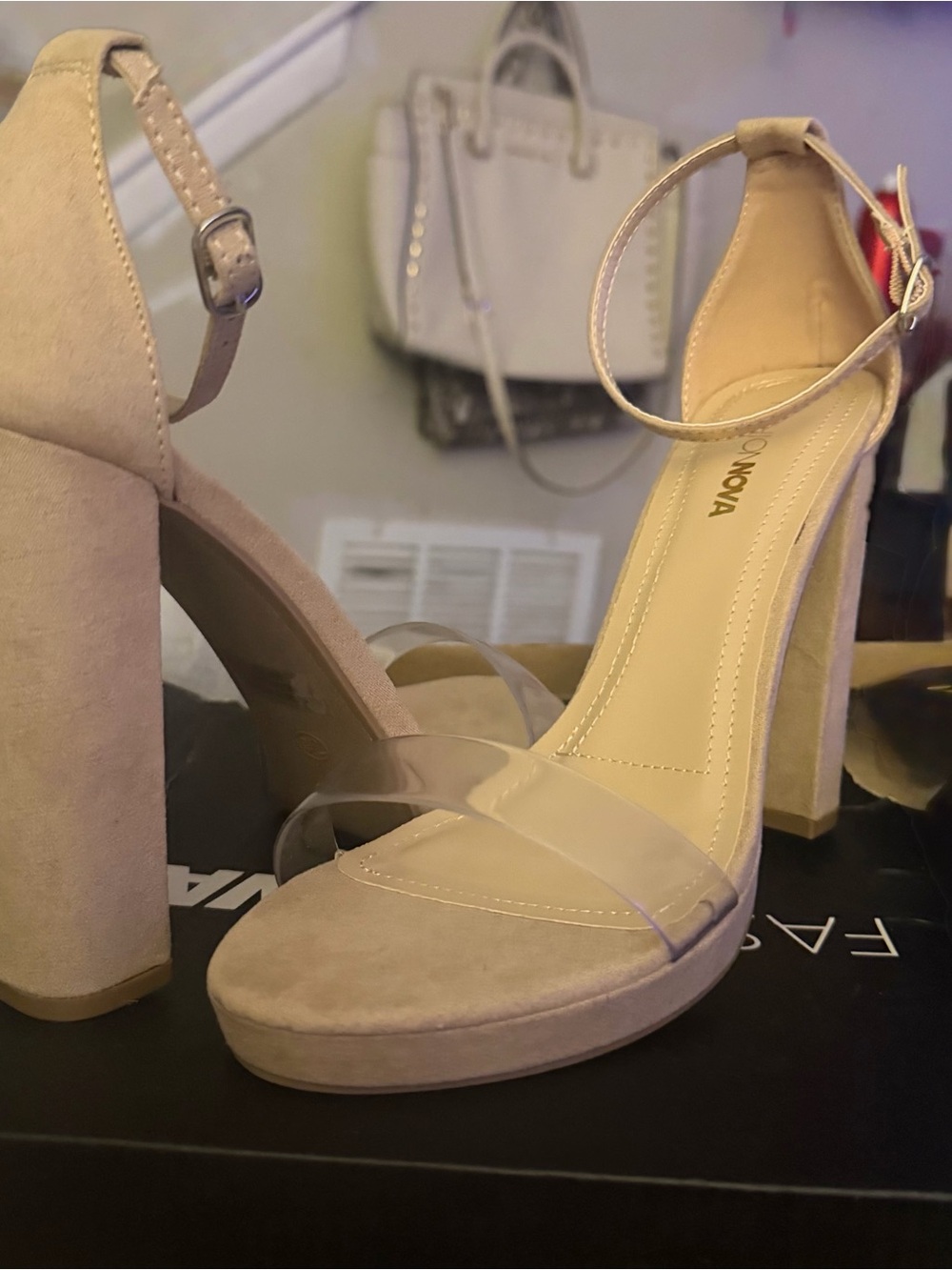Fashion Nova Nude Suede Block Heel Sandals with Clear Straps